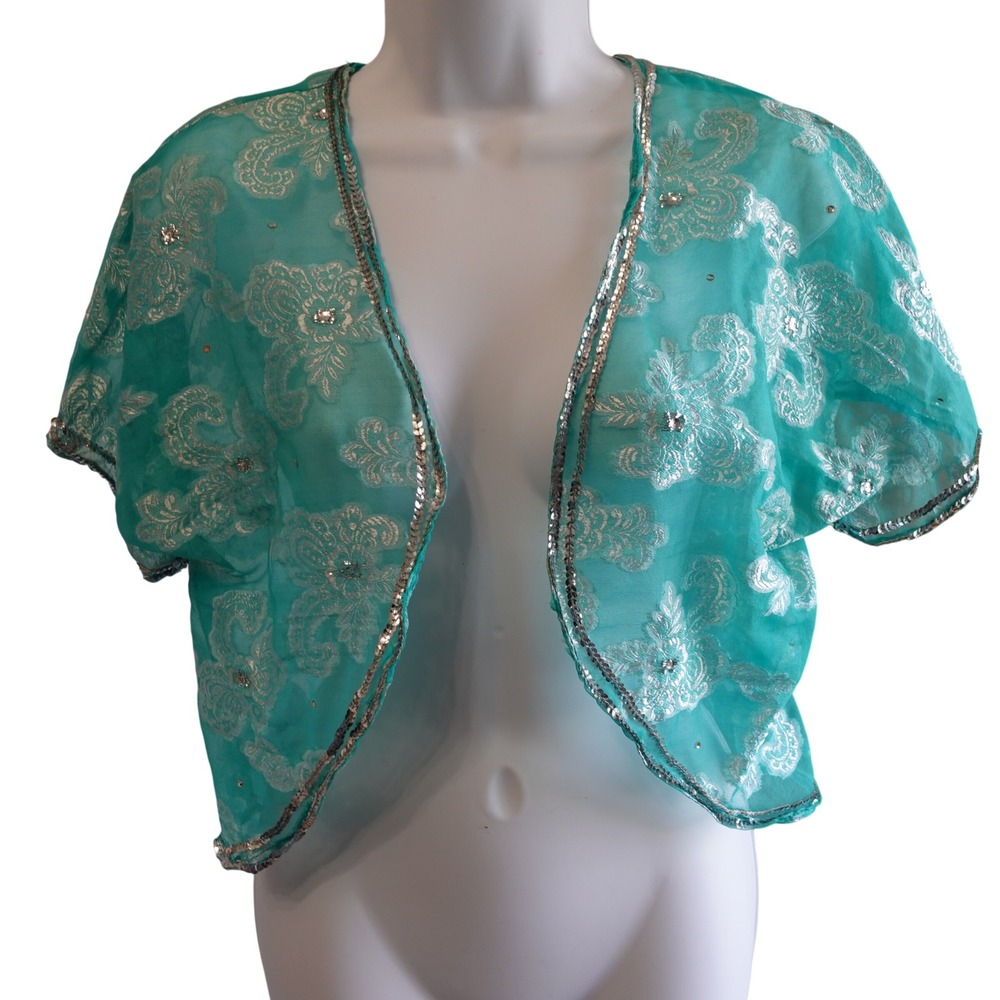 Vintage Turquoise Sheer Kimono Jacket Silver Floral Sequins Fairy Boho Handmade